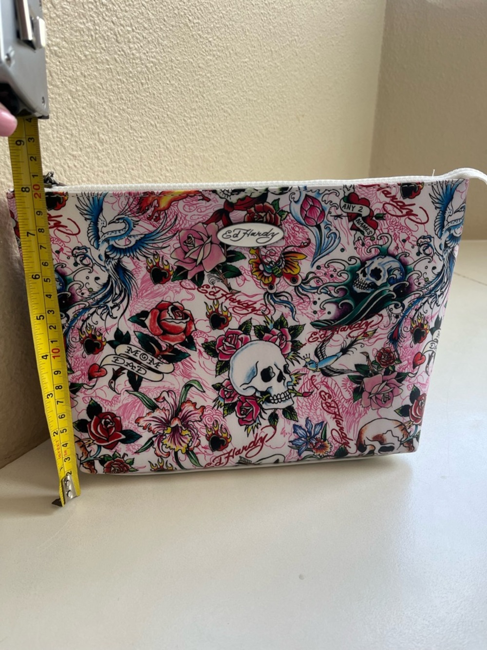 Ed Hardy Pink Tattoo-Print Skull Canvas Cosmetic Bag Pouch